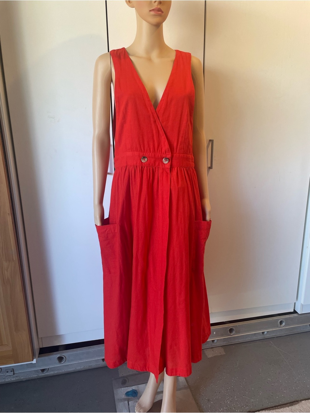 Free People Bold Red Sleeveless V-Neck Midi Dress with Pockets